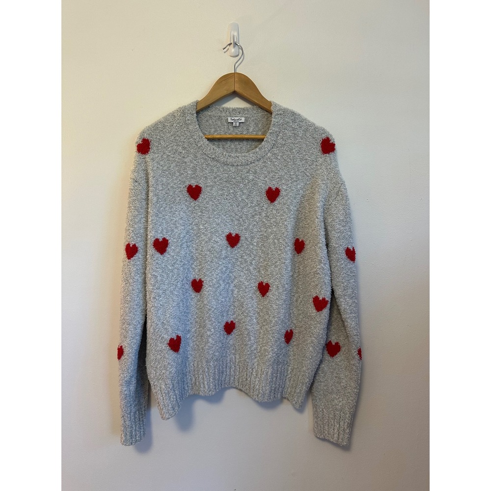 Splendid Grey Popcorn Knit Heart Embroidered Crew Neck Sweater | Size Medium